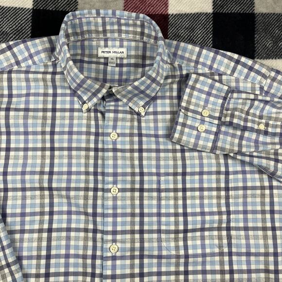 Peter Millar Shirt Men XL Blue Check Comfort Summer Long Button Down Performance - Picture 2 of 10